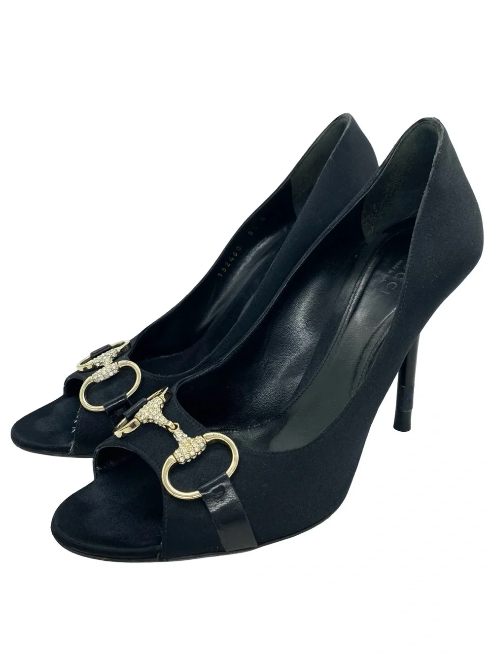 Gucci Black Satin Horsebit Peep Toe Pumps Size 8.5